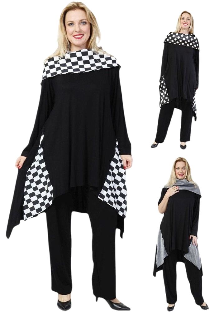 elegante Damen Tuniken große Größen Schwarz weiß Punkte 58897