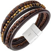 Armband 5-reihig Leder braun mit Tigeraugen-Kugeln Edelstahl 18,5 cm