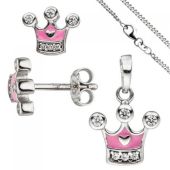 Kinder Mädchen Schmuck-Set Krone pink rosa 925 Silber Zirkonia mit Kette 42 cm