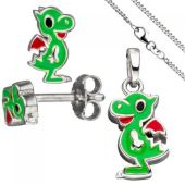 Kinder Schmuck-Set Kleiner Drache 925 Silber grün lackiert mit Kette 38 cm