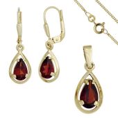 Schmuck-Set 333 Gold Gelbgold 3 Granate rot Ohrringe und Kette 42 cm