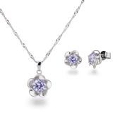 925 Silber Rhodium Schmuckset Kette Anhänger und Ohrstecker Blume mit Zirkonia flieder