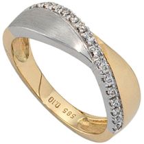 Damen Ring 585 Gelbgold Weißgold, bicolor matt 16 Diamanten