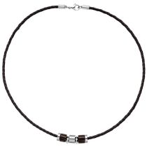 Collier Halskette Leder schwarz mit Edelstahl und Holz 45 cm Kette Lederkette