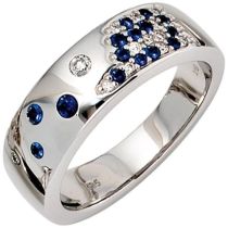 Damen Ring 585 Weißgold Diamanten 0,10ct. 15 Safire blau