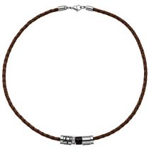 Collier Halskette Leder braun mit Edelstahl und Holz 45 cm Lederkette