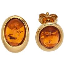 Ohrstecker oval 375 Gelbgold 2 Bernsteine orange Bernsteinohrringe