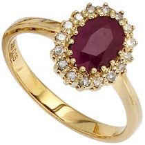 Damen Ring 585 Gold Gelbgold, 1 Rubin rot 16 Diamanten 0,16ct.