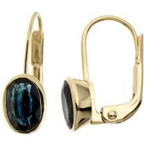 Boutons oval 333 Gelbgold 2 Saphire blau Ohrringe Ohrhänger