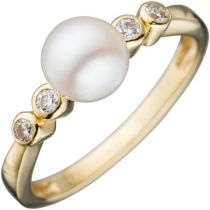 Damen Ring 333 Gelbgold 1 Perle 4 Zirkonia Goldring 50