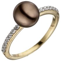 Damen Ring 333 Gelbgold bicolor mit dunkler Perle und Zirkonia