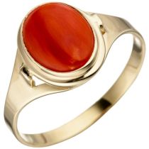 Damen Ring 333 Gelbgold 1 Koralle rot, Goldring