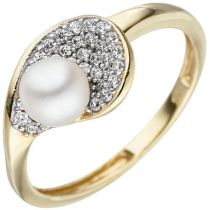 Damen Ring 375 Gold Gelbgold 1 Perle 36 Zirkonia