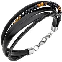 Armband Leder schwarz mit Onyx und Tigeraugen Kugeln 23 cm