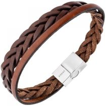 Herren Armband 2-reihig Leder braun geflochten mit Edelstahl 21 cm