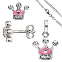 Kinder Mädchen Schmuck-Set Krone pink rosa 925 Silber Zirkonia mit Kette 38 cm