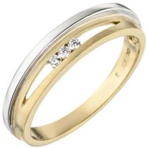 Damen Ring 375 Gold Gelbgold Weißgold bicolor matt 3 Zirkonia