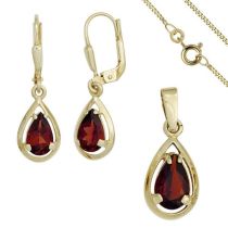 Schmuck-Set 333 Gold Gelbgold 3 Granate rot Ohrringe und Kette 45 cm