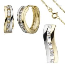 Schmuck-Set geschwungen 333 Gold Gelbgold bicolor Zirkonia mit Kette 42 cm