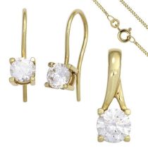 Schmuck-Set 333 Gold Gelbgold 3 Zirkonia Ohrringe und Kette 42 cm