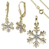 Schmuck-Set Schneeflocke 333 Gold Gelbgold mit Zirkonia Ohrringe und Kette 45 cm