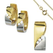 Schmuck-Set 333 Gold Gelbgold bicolor 7 Zirkonia Ohrringe und Kette 42 cm