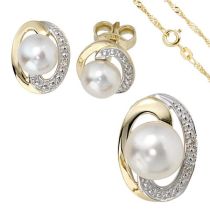 Schmuck-Set 585 Gelbgold bicolor 3 Perlen 4 Diamanten Ohrringe und Kette 45 cm