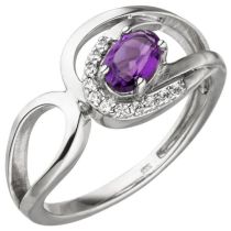 Damen Ring 333 Gold Weißgold 11 Zirkonia 1 Amethyst lila violett