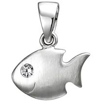 Kinder Anhänger Fisch 925 Sterling Silber matt 1 Zirkonia Silberanhänger