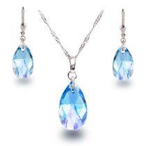 Schmuckset mit aquamarin-farbenen Kristall Tropfen 925 Silber Rhodium