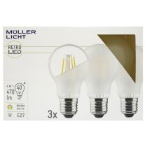 LED Filament Glühlampe, E27, 4W, 470lm, 2700K, warmweiß, matt, 3er Set