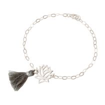 GEMSHINE Damenarmband aus 925 Silber mit YOGA Lotusblume und grauer Baumwollquaste