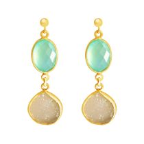 Gemshine - Damen - Ohrringe - 925 Sterling Silber - Vergoldet - DRUZY - Weiß - Quarz - Chalzedon - Aqua Blau -