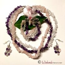 Barockstein Schmuckset (Collier, Armband & Ohrhänger) Amethyst, Rosenquarz, Bergkristall