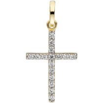 Anhänger Kreuz schmal 375 Gold Gelbgold 16 Zirkonia Goldkreuz