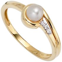 Damen Ring 333 Gelbgold 1 Perle 3 Zirkonia Goldring