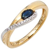 Damen Ring 333 Gelbgold Weißgold 1 Safir blau 10 Zirkonia