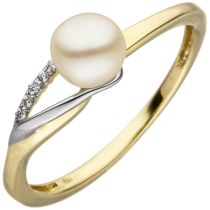 Damen Ring 333 Gelbgold Weißgold Perle Zirkonia