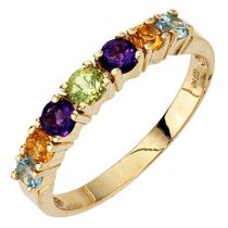 Damen Ring 333 Gelbgold, 2 Amethyste 2 Citrine 1 Peridot 2 Blautopase