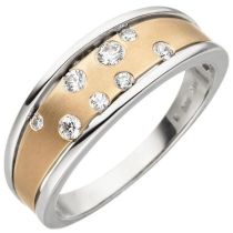 Damen Ring 375 Gold Weißgold Rotgold bicolor matt 8 Zirkonia Goldring