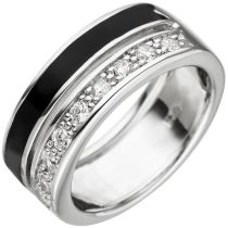 Damen Ring 925 Sterling Silber 9 Zirkonia und schwarze Lackeinlage