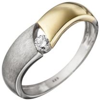 Damen Ring 925 Sterling Silber bicolor matt mit 1 Zirkonia