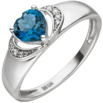 Damen Ring Herz 585 Weißgold 1 Blautopas 8 Diamanten