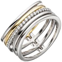 Damen Ring mehrreihig breit 925 Silber bicolor mit Zirkonia