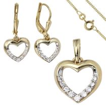 Schmuck-Set 333 Herz Gold Gelbgold Zirkonia Ohrringe Anhänger und Kette 42 cm