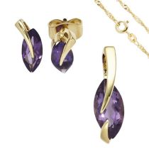 Schmuck-Set 585 Gold Gelbgold 3 Amethyste lila violett Ohrringe und Kette 42 cm