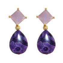 GEMSHINE Ohrringe mit lila violetten Chalcedon Cabochons und Achat Edelstein Tropfen