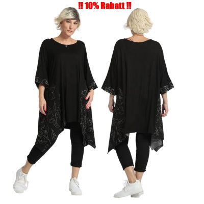 AKH FASHION schwarze TUNIKA Shirt große Größen Lagenlook - Schwarz-6652, Einheitsgröße-Maßangaben beachten, Viskose, Polyester, Elasthan | AKH-6652