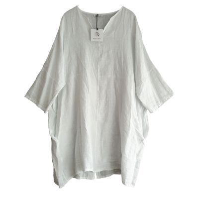 New Collection weiße LEINEN TUNIKA Shirt Damen Sommer Mode - Weiß-4975, Einheitsgröße-Maßangaben beachten, Leinen | 10984-CM4975-weiss