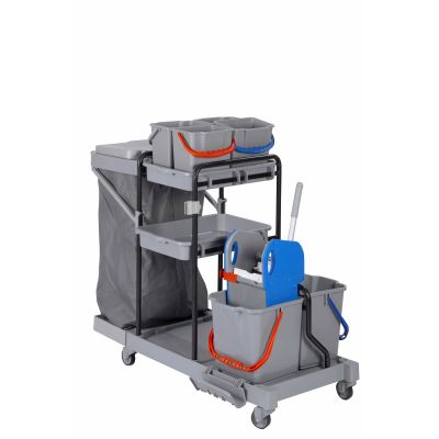 CleanSV® BAY Deluxe Profi PE Reinigungswagen Kunststoff voll ausgestattet mit 6 Eimern, Presse, Ablagen, Müll | 00-000050.1 / EAN:4251228303091